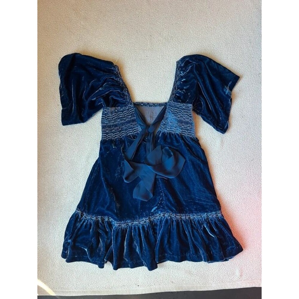 Free People Easy To Love Velvet Mini Dress Blue Smocked Bodice Womens Medium
